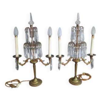 Pair of antique bronze and crystal candelabras - electrified