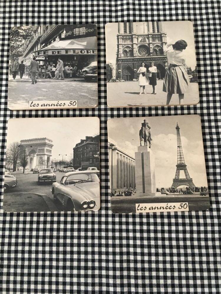 Set of 4 “The 50s” coasters. Reproduction on cork