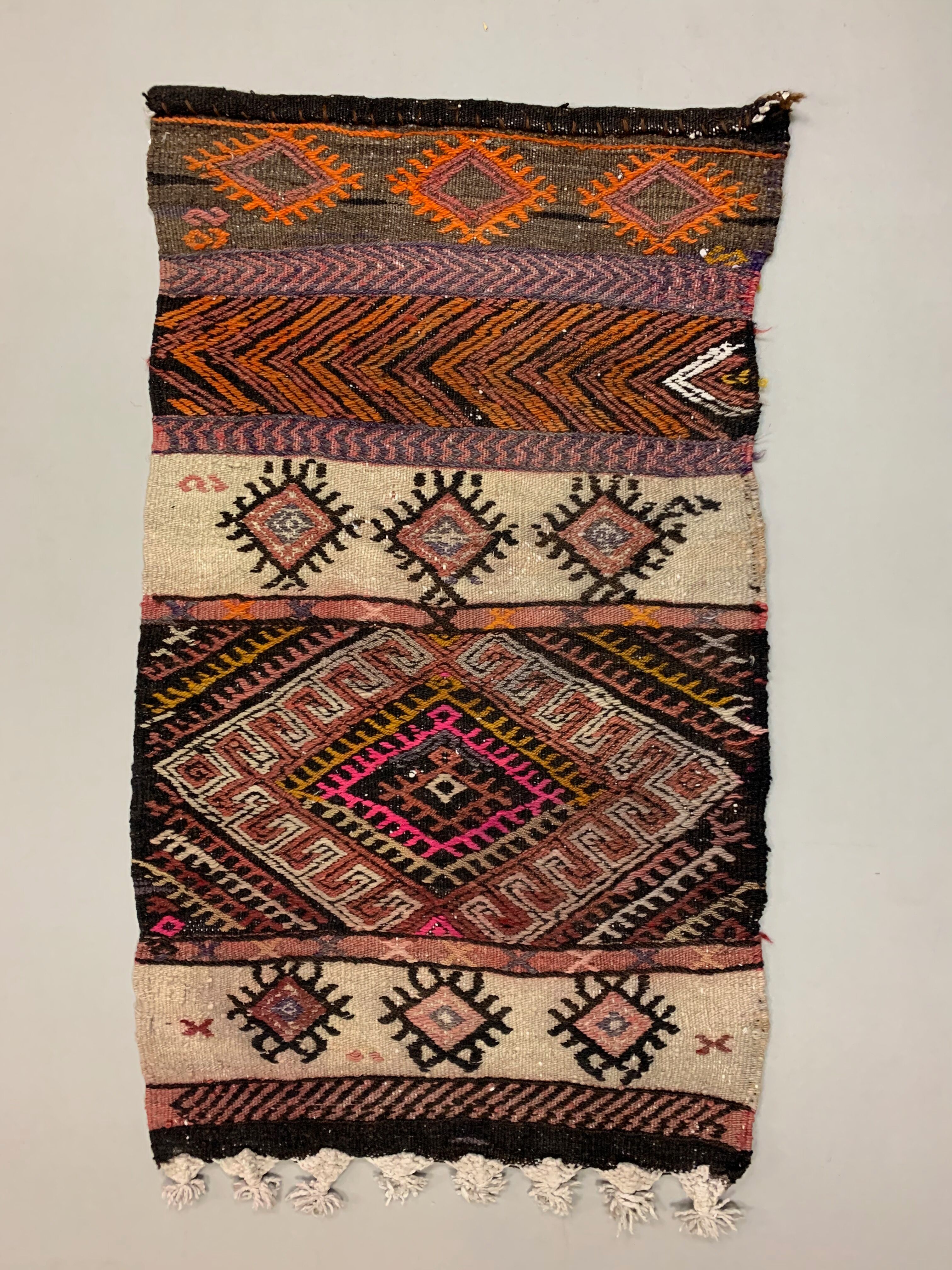 Vintage Turkish Mini Kilim 110x65 cm Shabby Small Kelim Rug Brown Beige Red