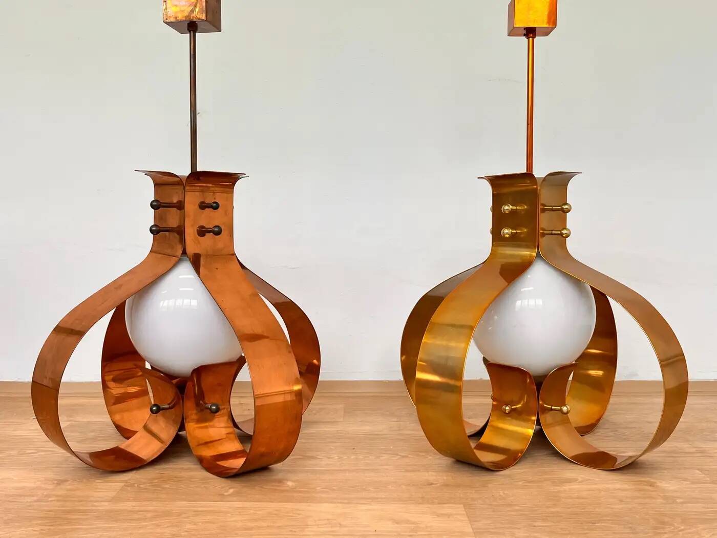 XXL pair of design mid-century large brass pendants / chandeliers - 1980s