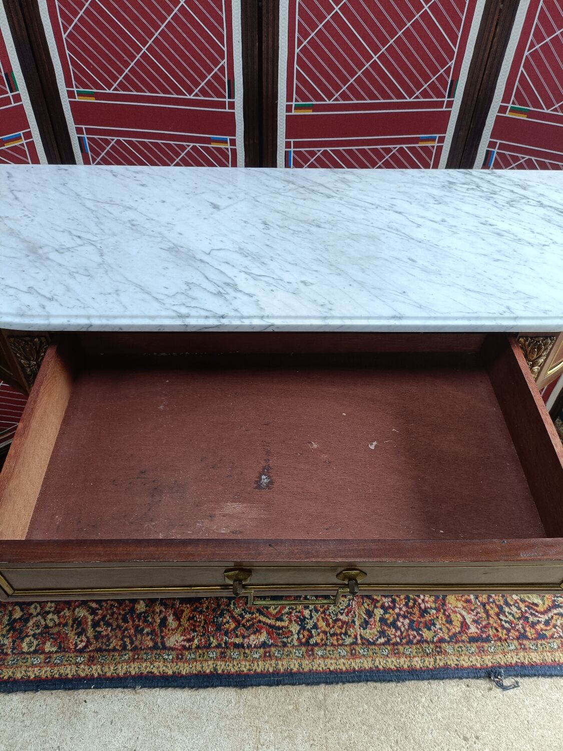 Louis XVI style half-moon console with veined white marble and drawer