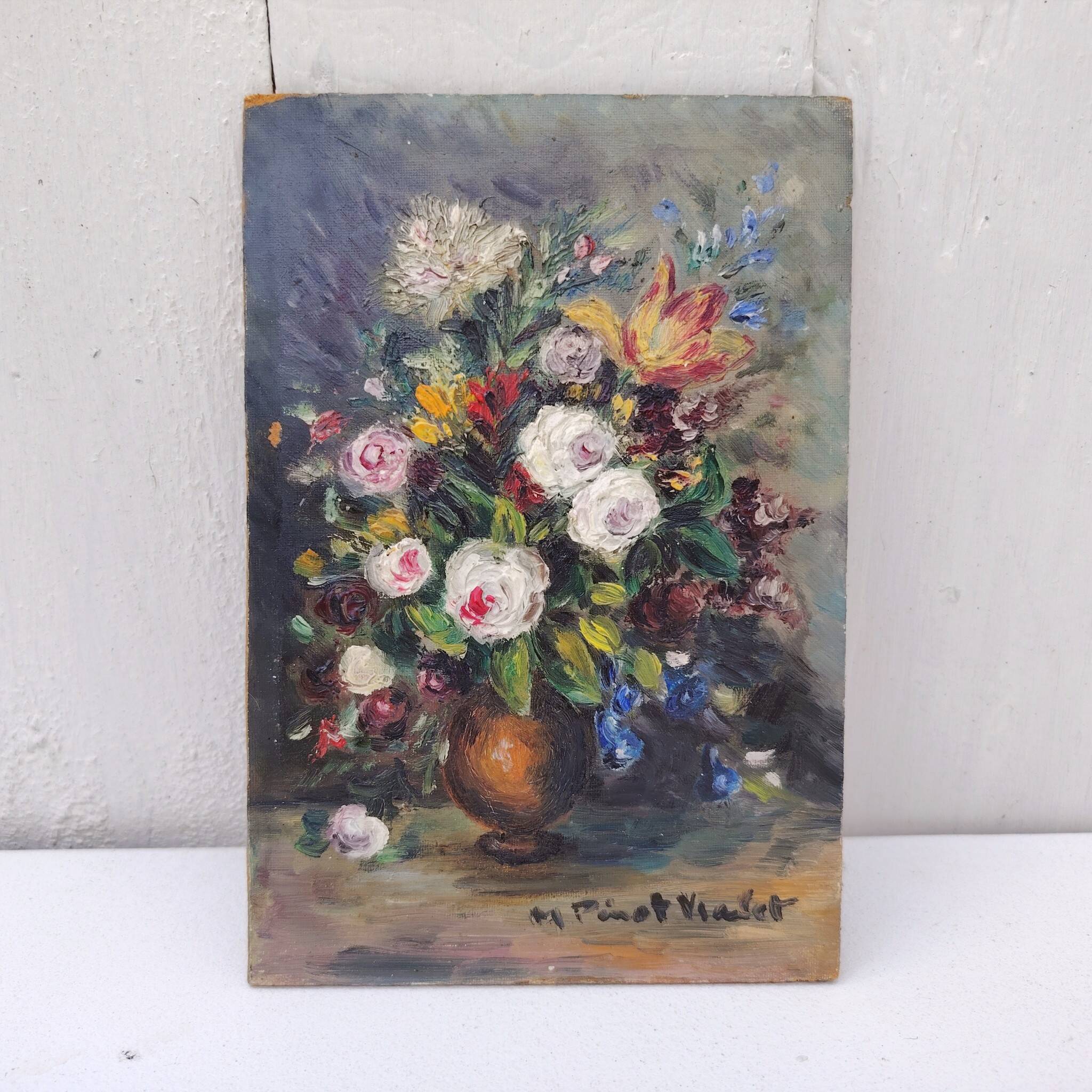 Huile sur panneau, bouquet de fleurs, Pinot Vialet