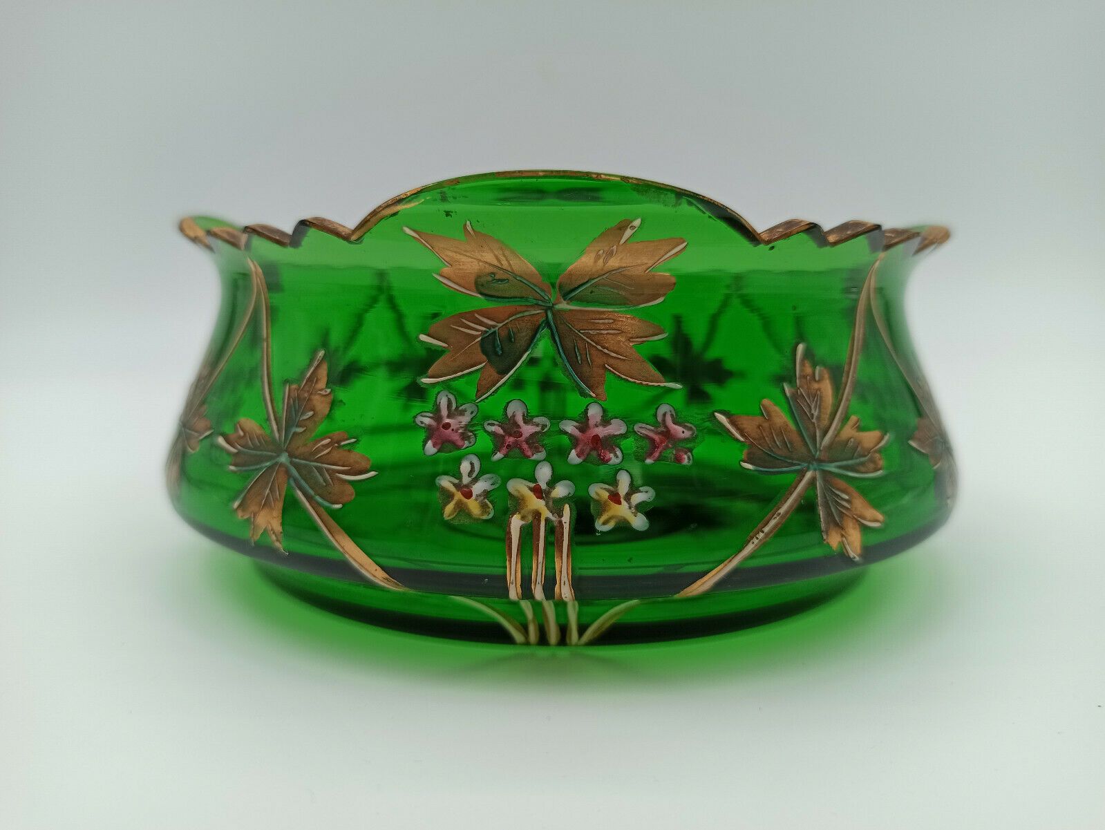 GLASS CUT 1900 ART NOUVEAU EMAILTHE POLYLOBE FLORAL DECORATION ENHANCED GOLD