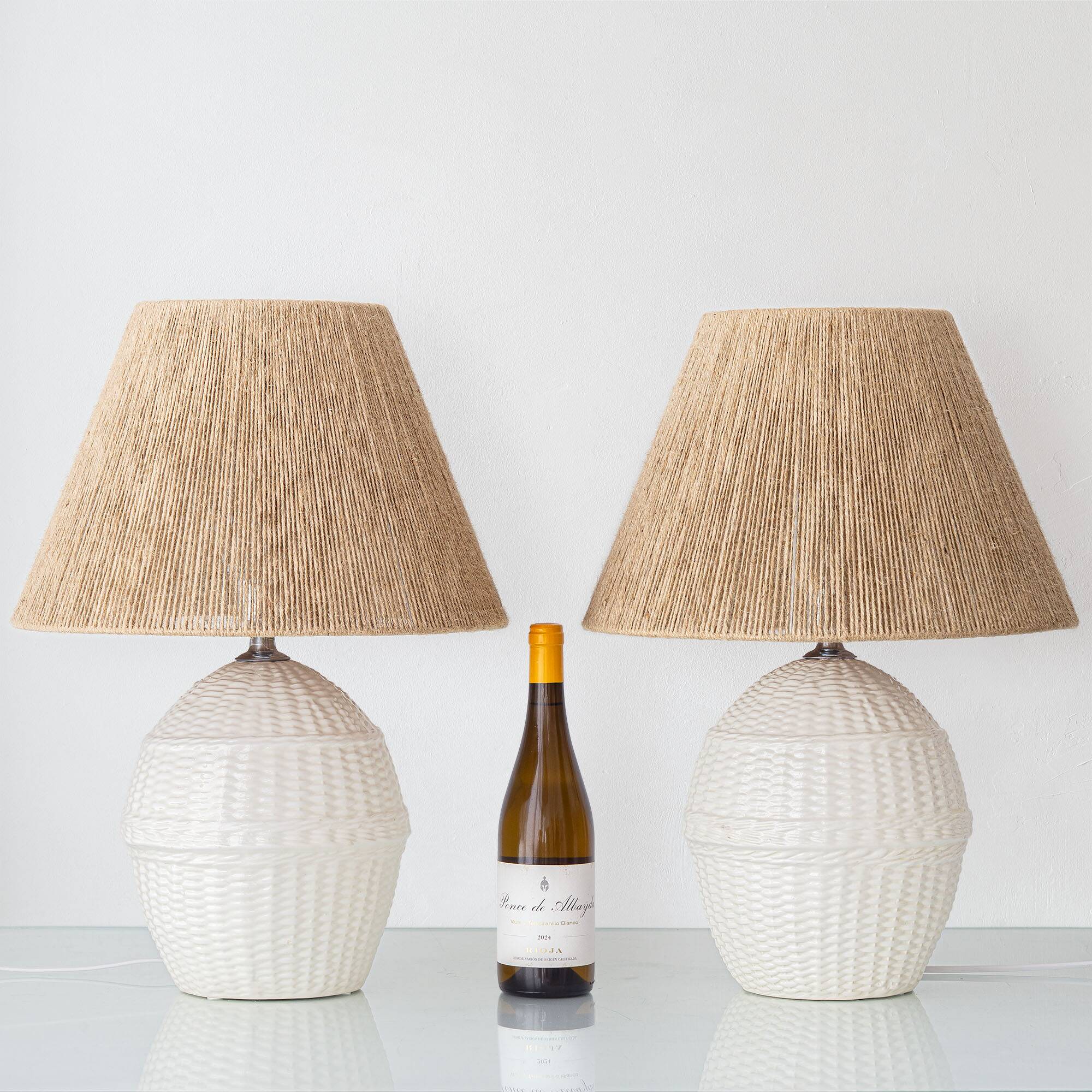 Pair of white ceramic table lamps with faux wicker texture, Spanish coastal design, 1970s