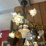 19th century brass and bronze chandelier, Napoleon III, illuminated by 6 tulips and a central globe