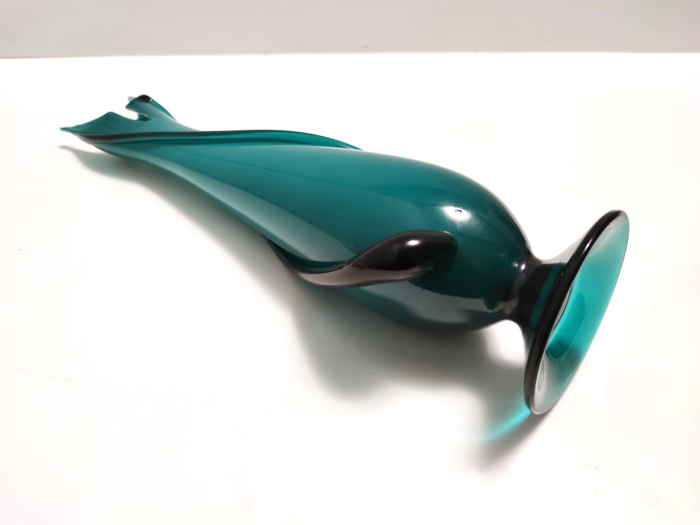 Vintage Teal Encased and Hand-Blown Murano Glass Flower Vase, Italy