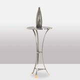 “Canabas” pedestal table in patinated leather, steel, and gilded brass. Contemporary. LS59502209H