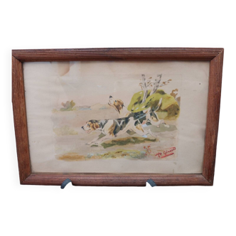 Ancien tableau peinture aquarelle chien de chasse signé p giraud