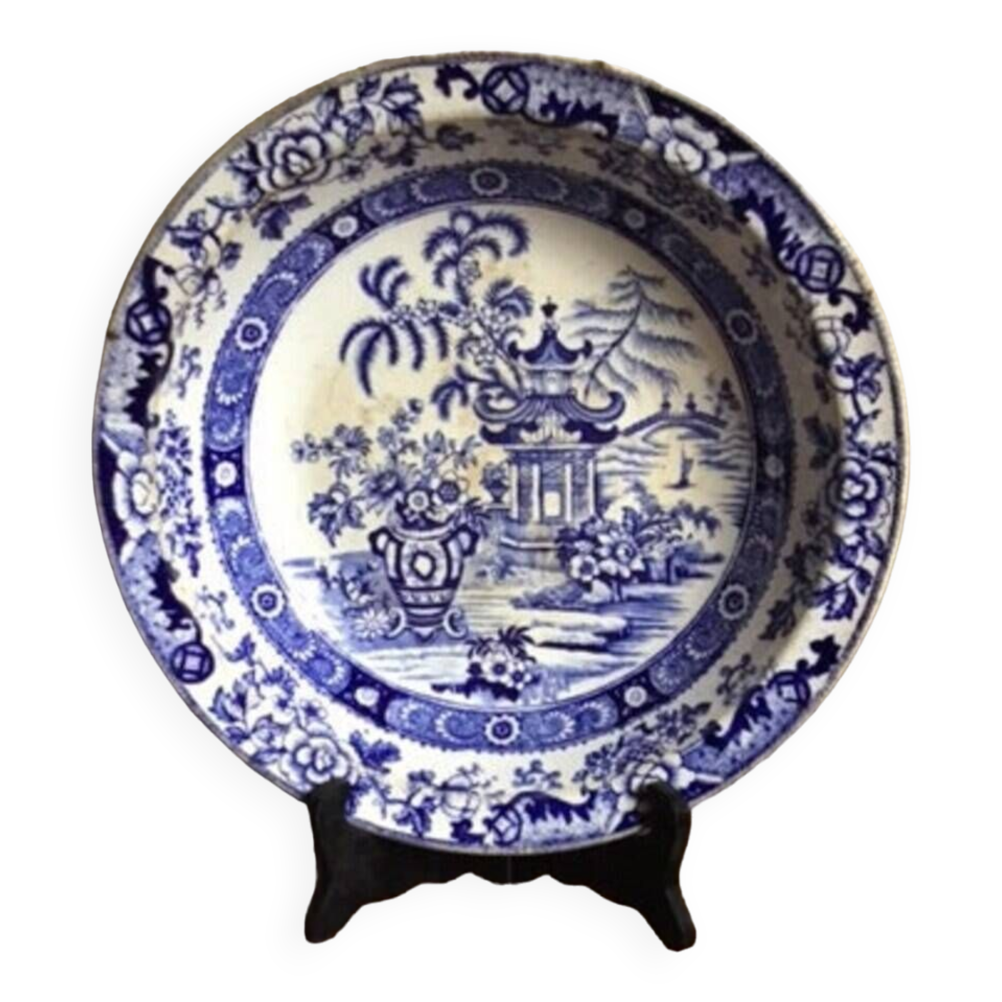 Old hollow dish, Terre de Fer earthenware dish (Creil and Montereau), Japanese pagoda model