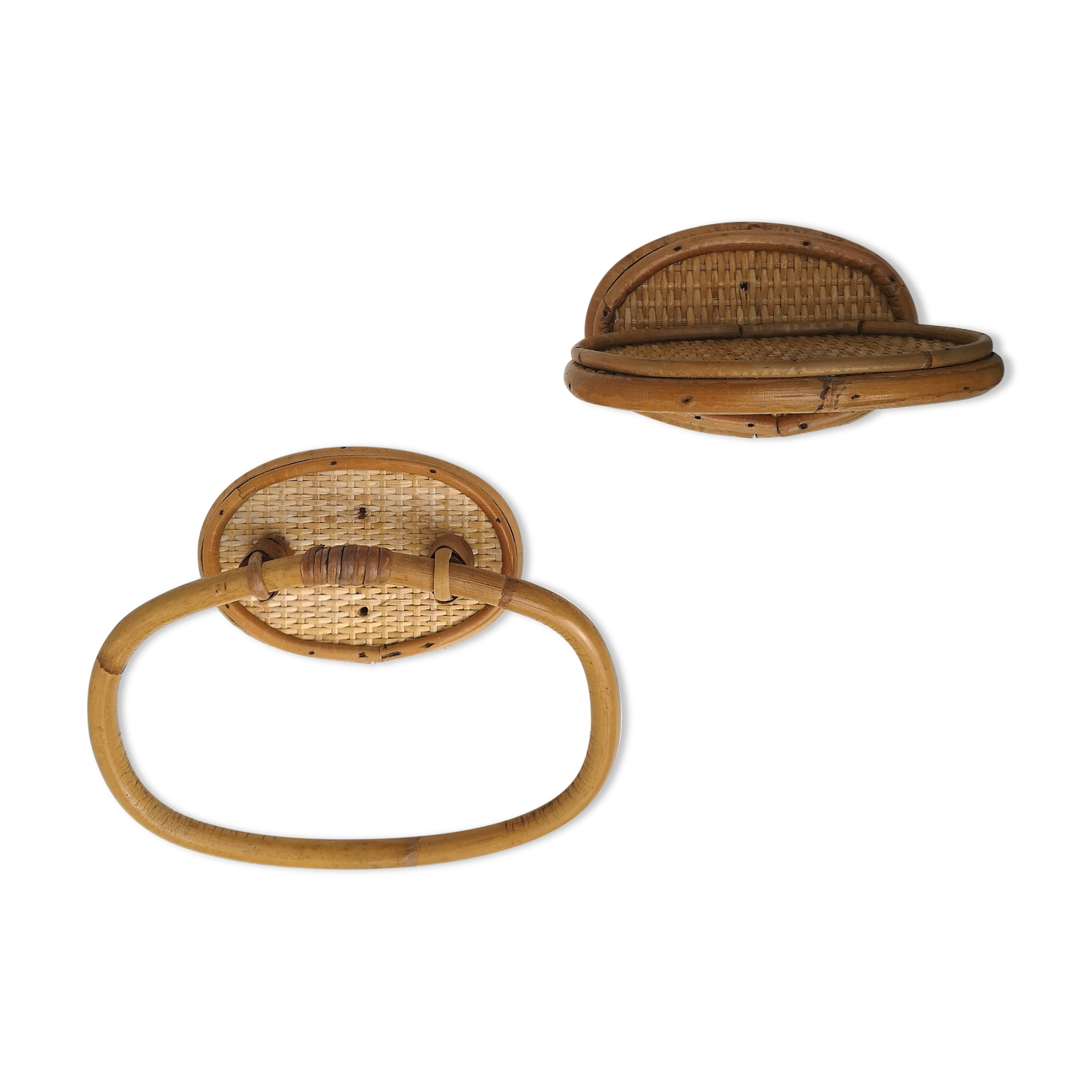 Vintage rattan towel rack and shelf