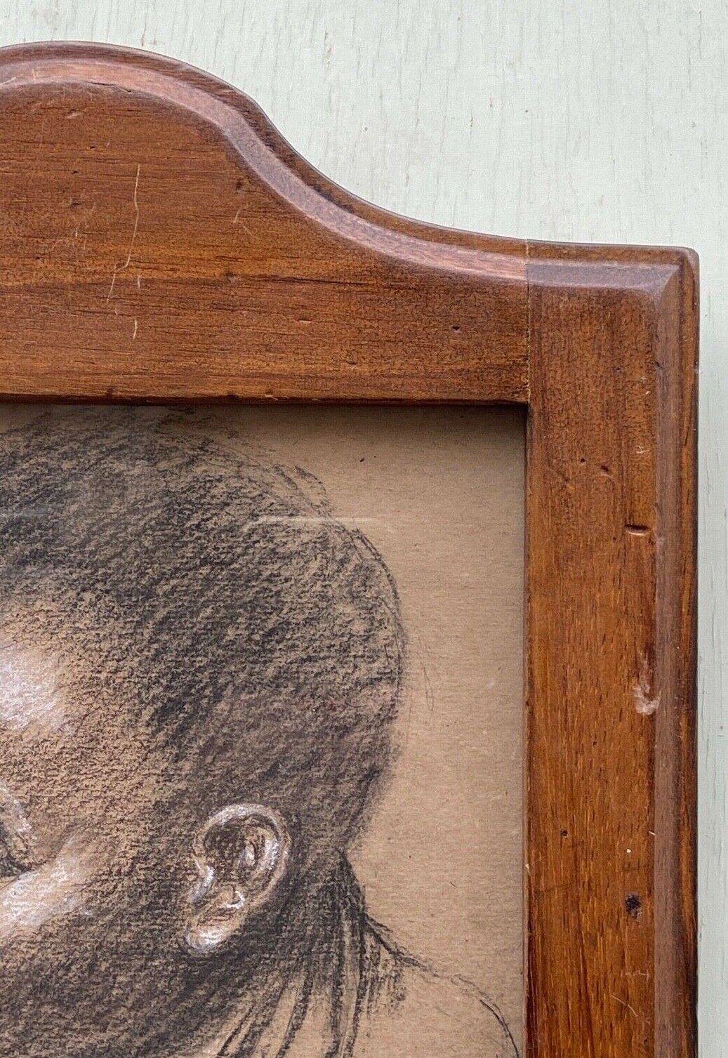 Old painting portrait of black boy in charcoal wooden frame signed RD 96