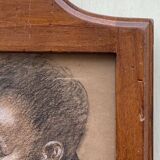Old painting portrait of black boy in charcoal wooden frame signed RD 96