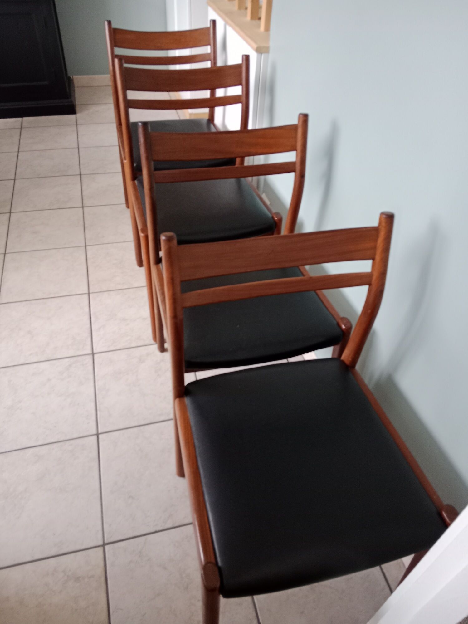 Set or suite of 4 chairs vintage Scandinavian armchairs industrial black solid wood dining room
