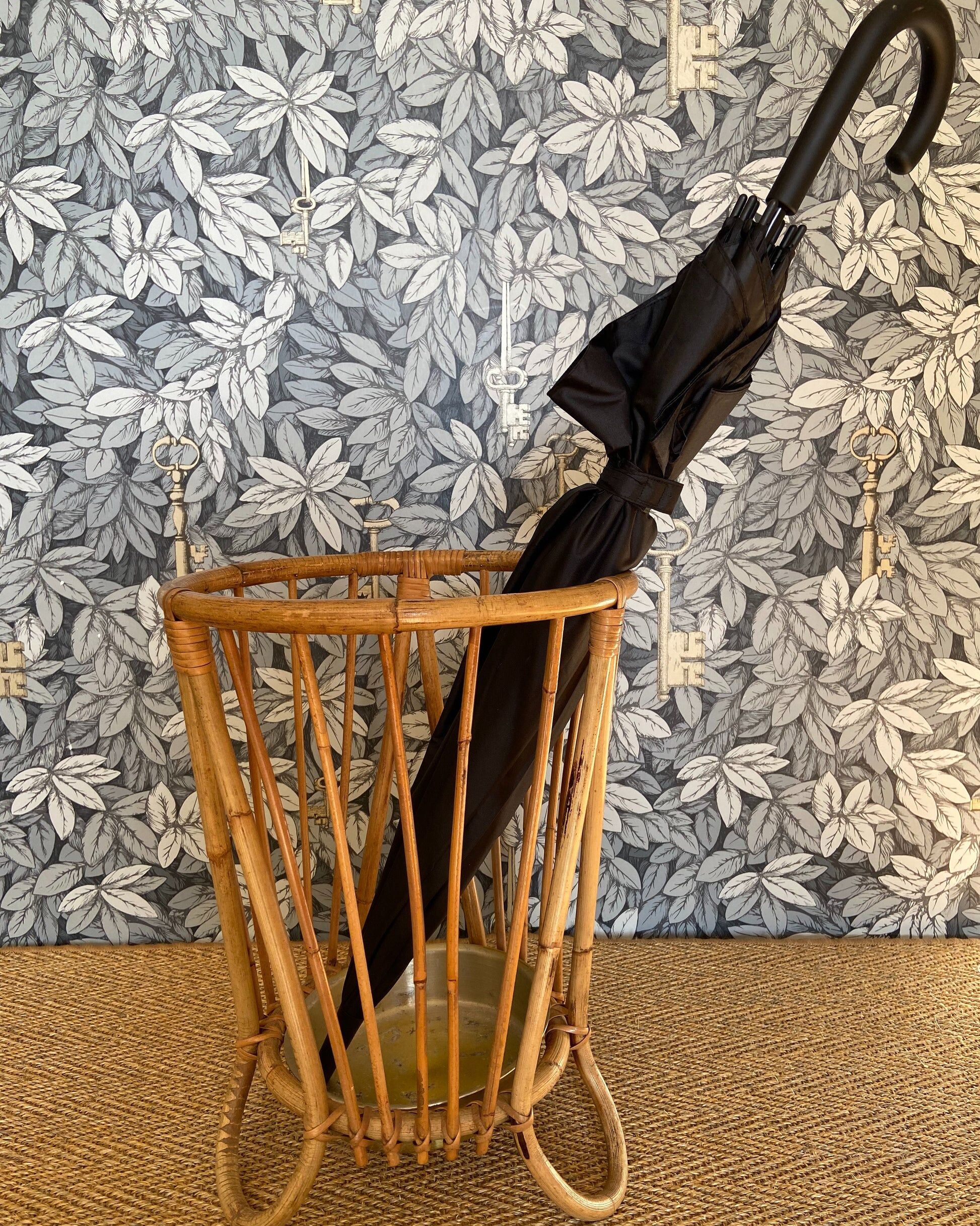 Bamboo and rattan umbrella stand with metal drip tray in the style of Franco Albini, Italy, 1960s