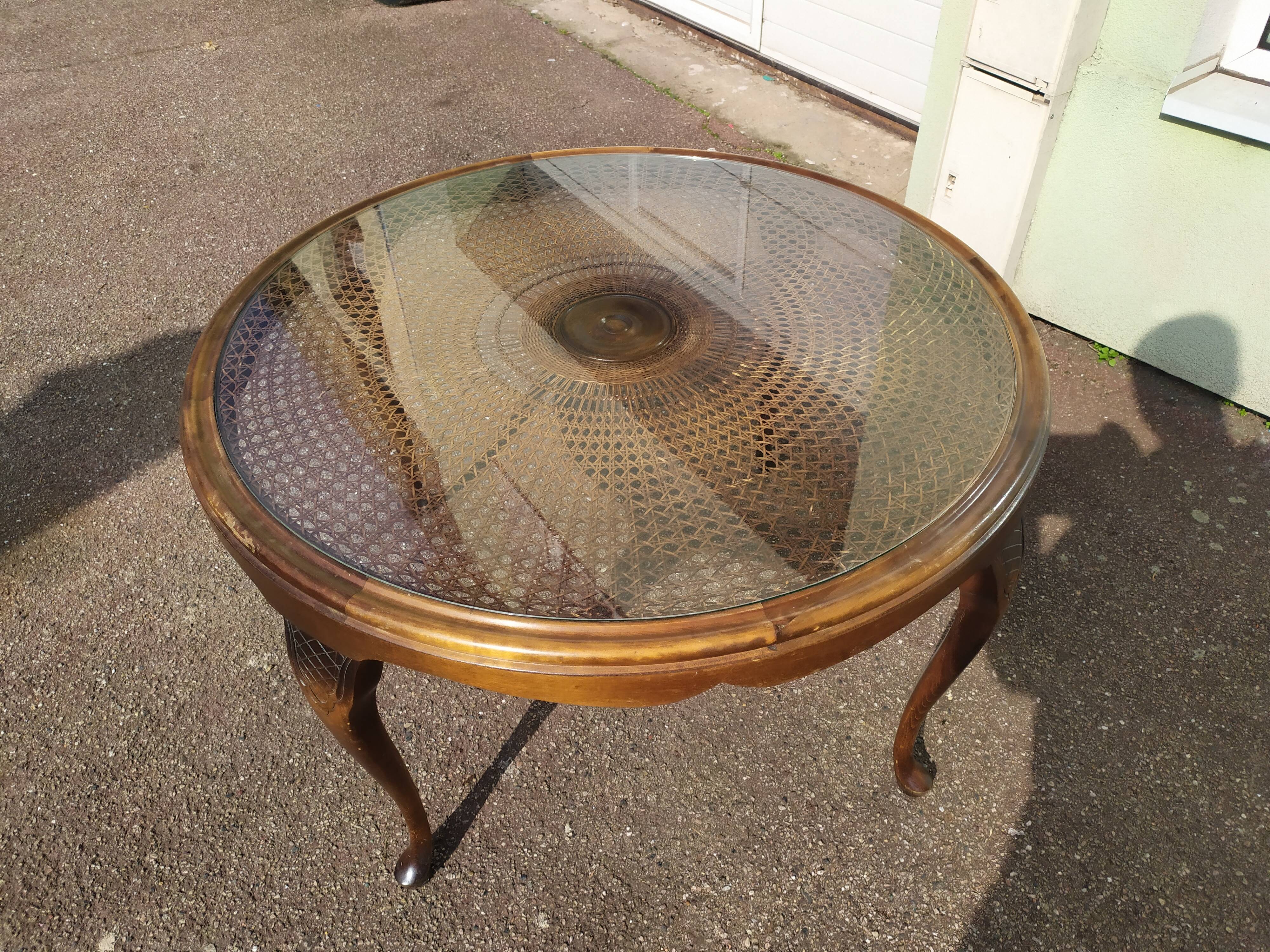 Chippendale Coffee Table in Wood, Canework and Glass - Round