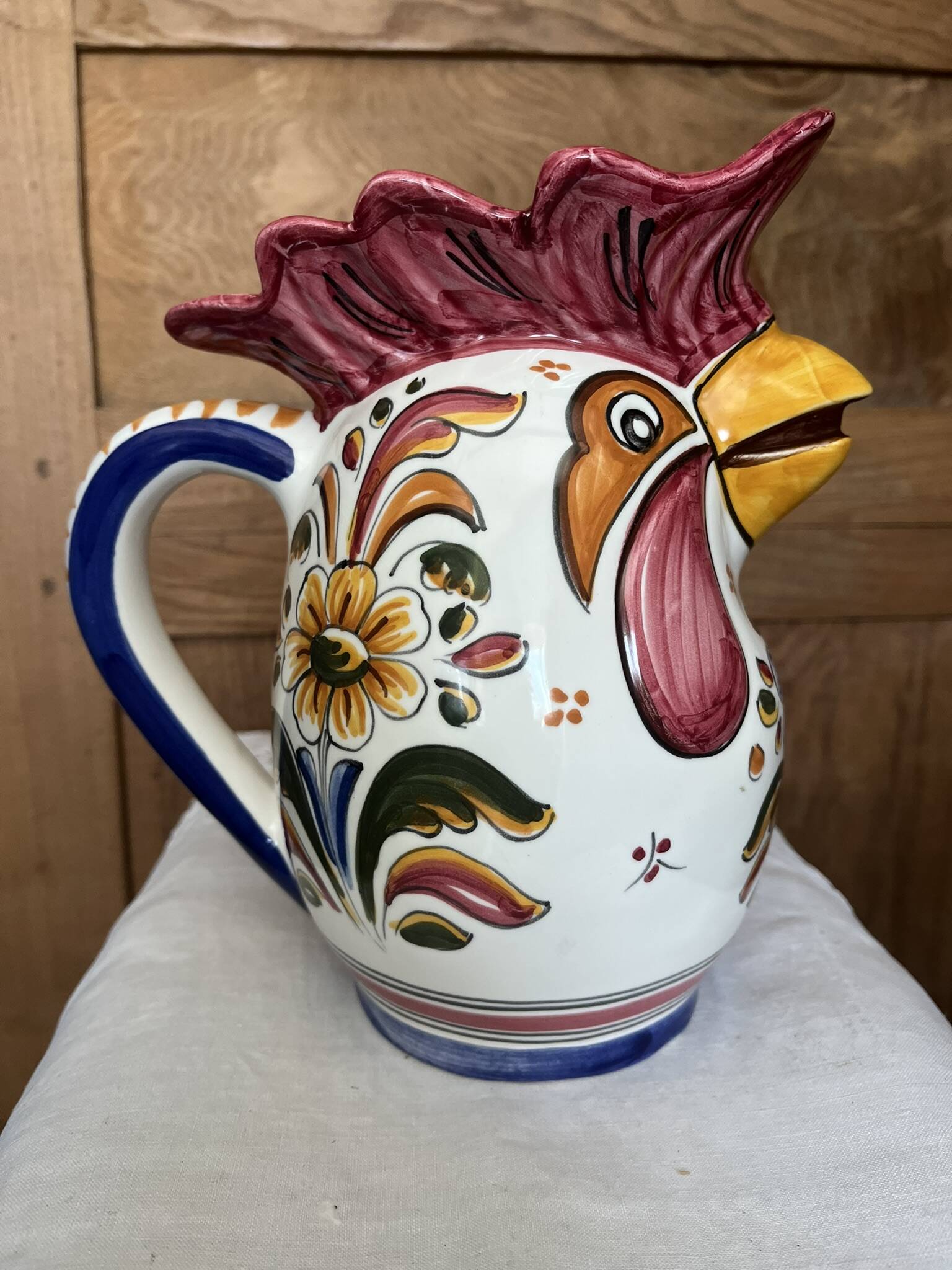 Spanish earthenware pitcher - hand-painted rooster head