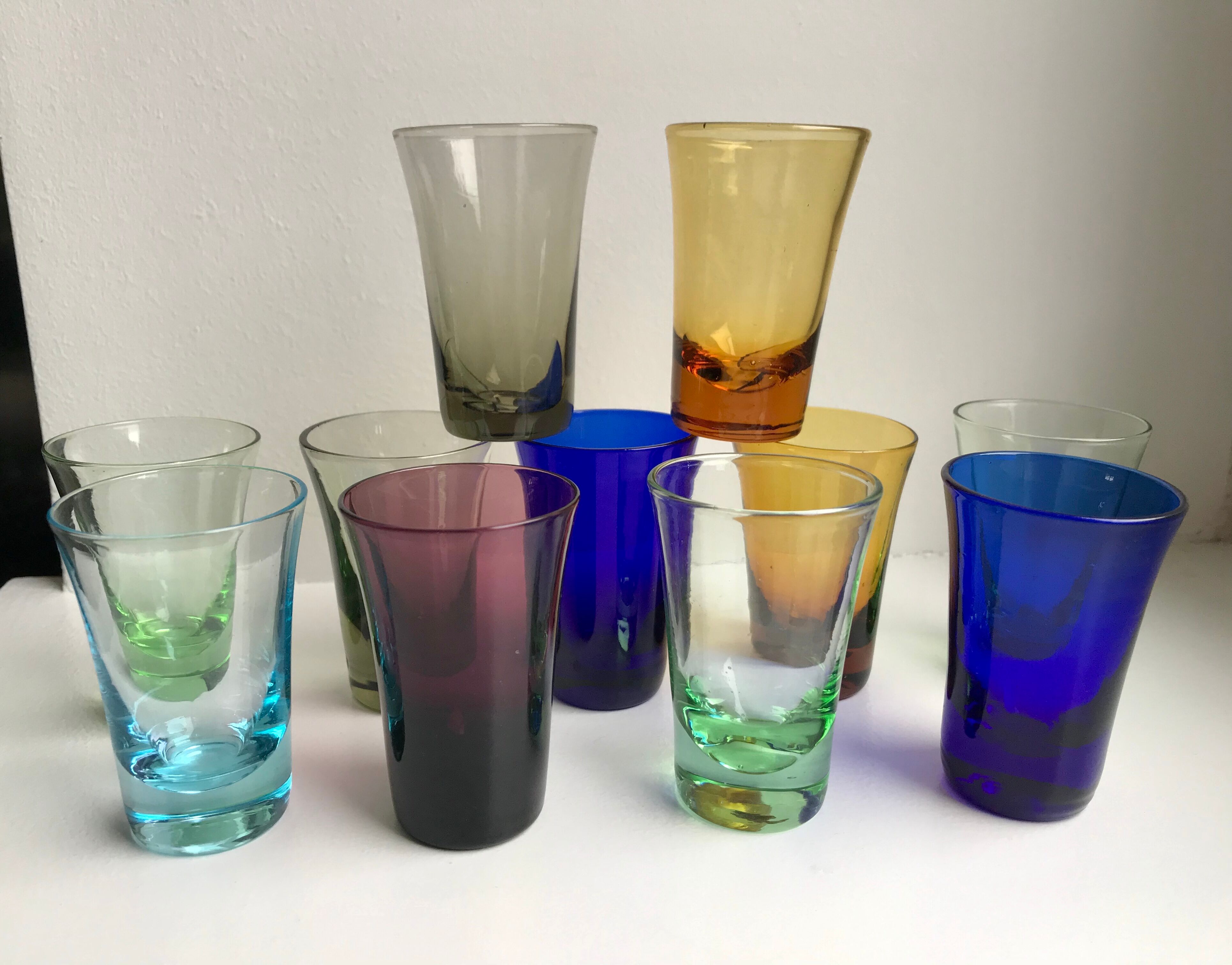 Set of 11 colored glass shot glasses 70s