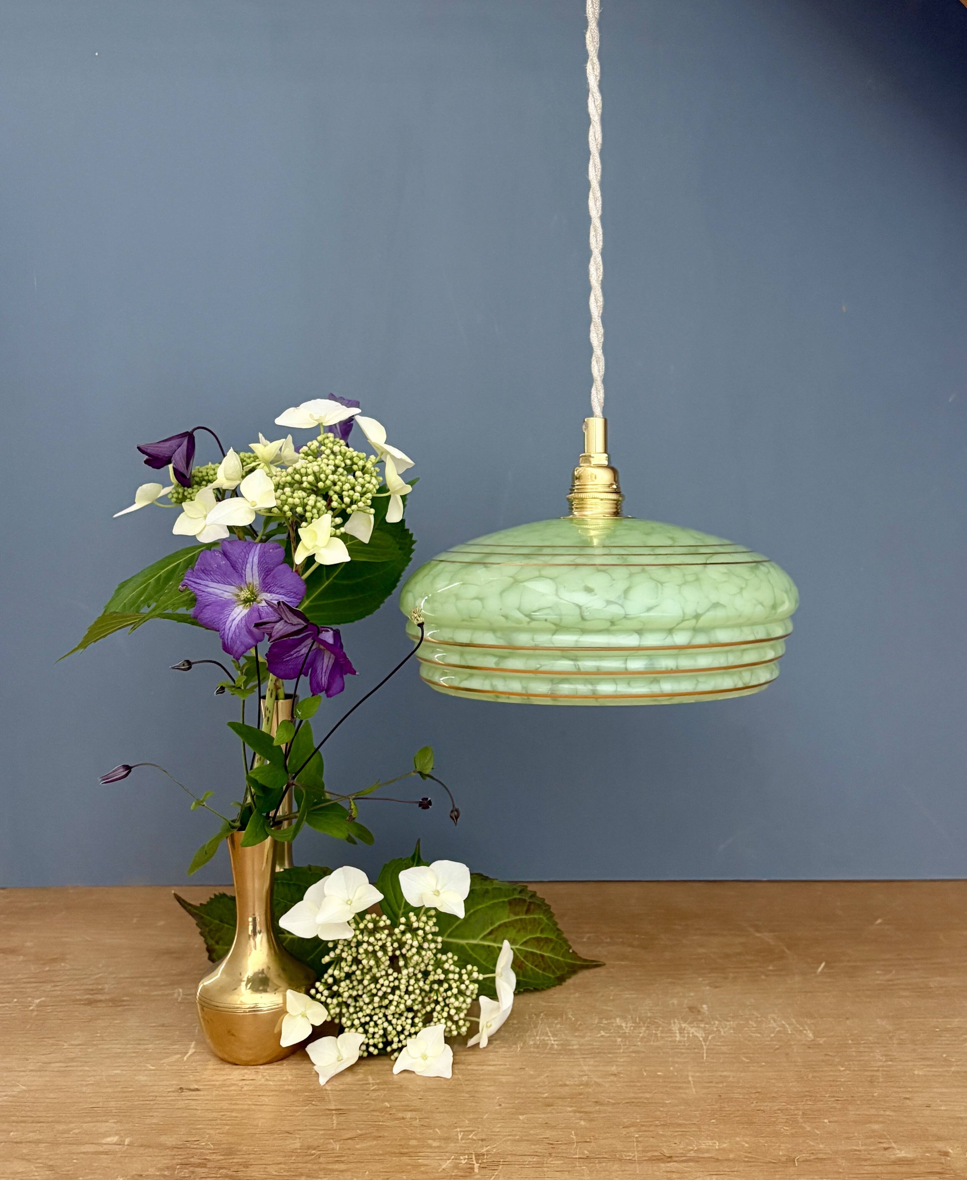 Vintage green and gold Clichy glass lampshade pendant light