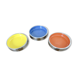 Set of 3 stackable ashtrays in colored melamine, chrome metal from the 70s