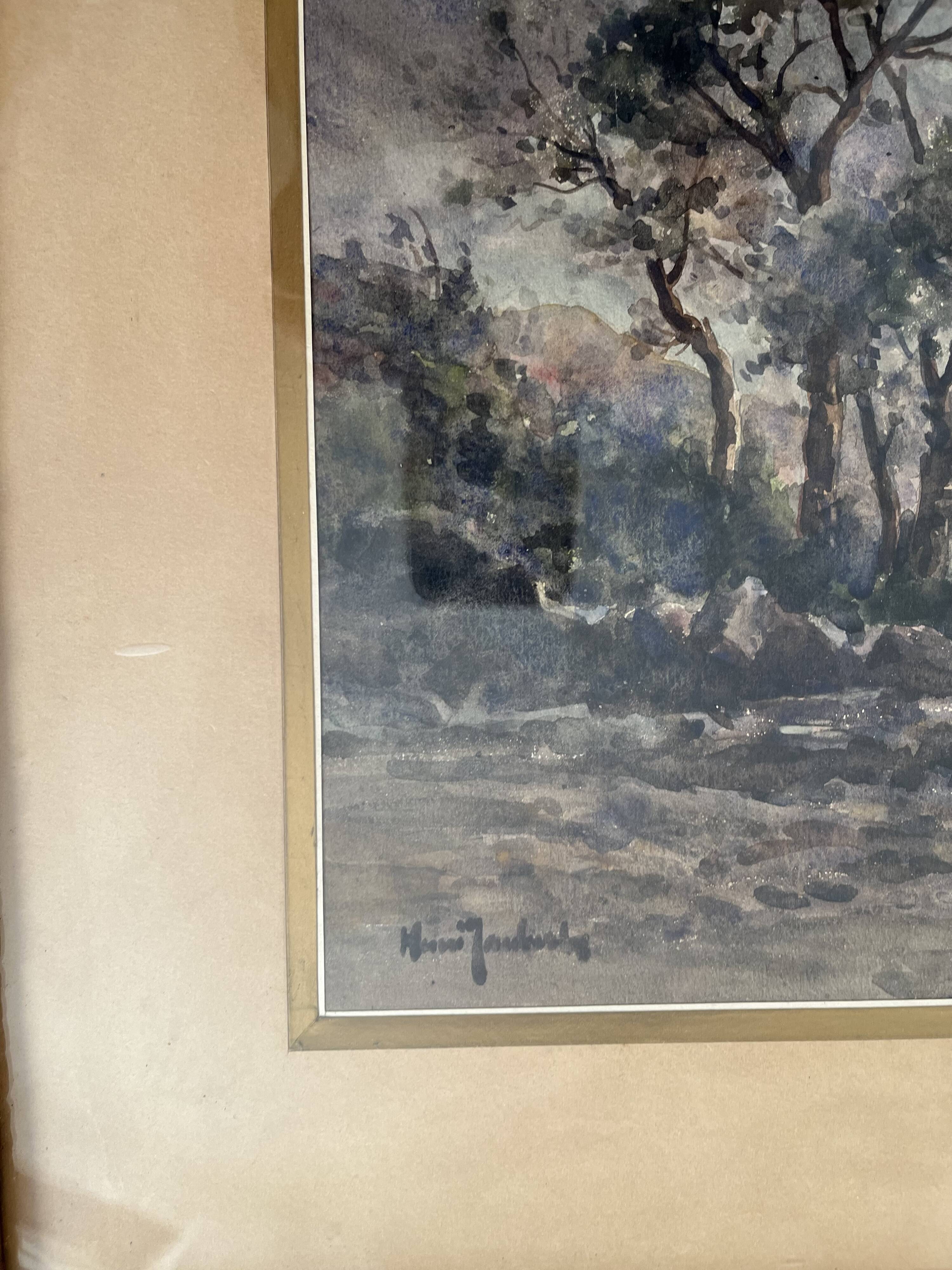 Watercolor by the painter Henri Jobert (1873 - ?), Landscape by Moonlight.