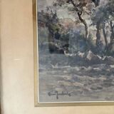 Watercolor by the painter Henri Jobert (1873 - ?), Landscape by Moonlight.