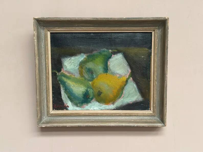 Swedish Original Oil on Panel – "Pears" by Elfrén – Signed – Vintage and Framed