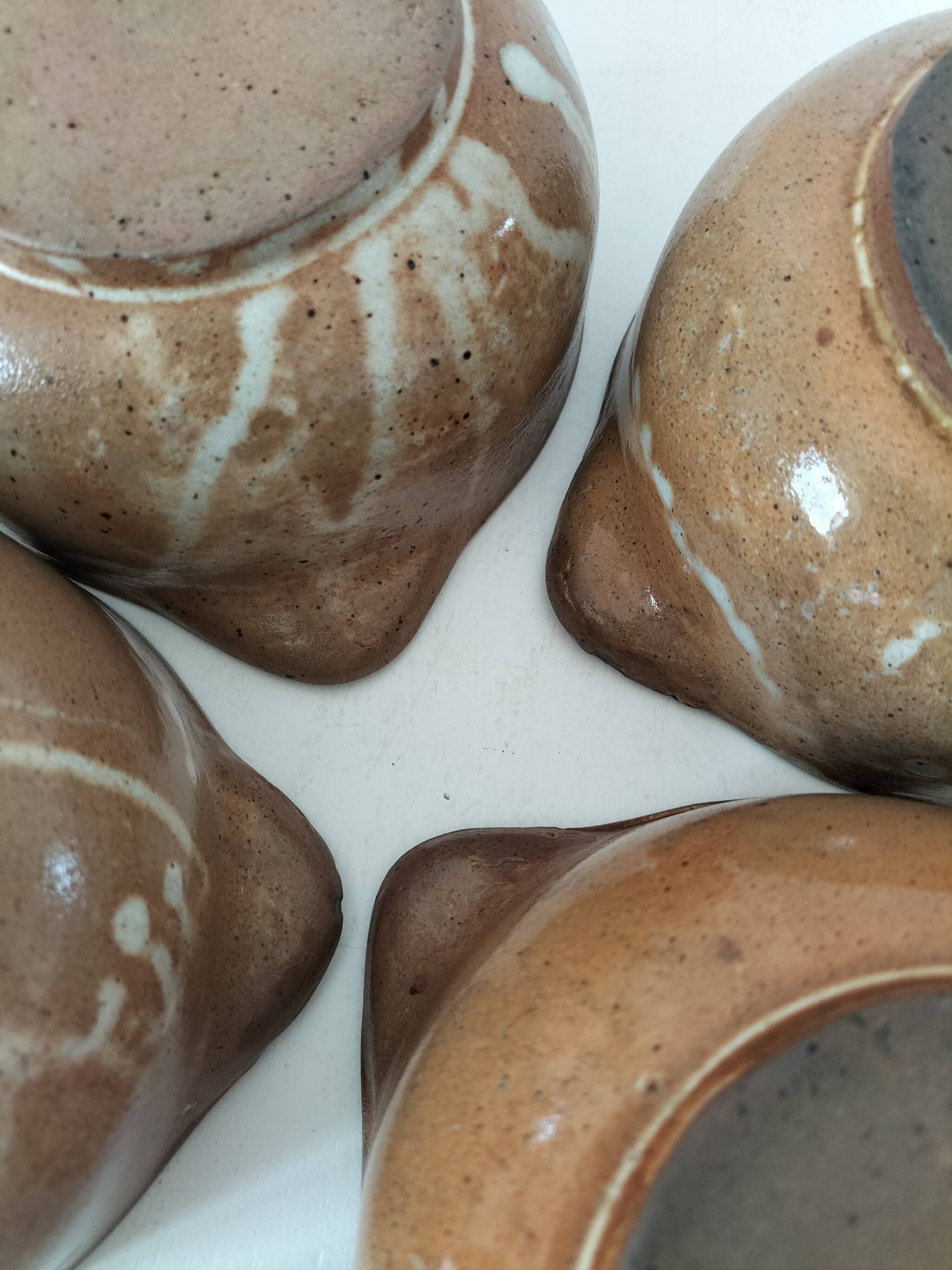 4 vintage handmade flamed stoneware ear bowls