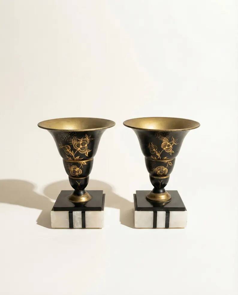 Superb pair of Art Deco enamelled brass cassolettes – black and white marble base – 1930s
