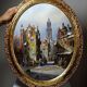 Large urban scene oil on wood framed painting John Haanstra vintage
