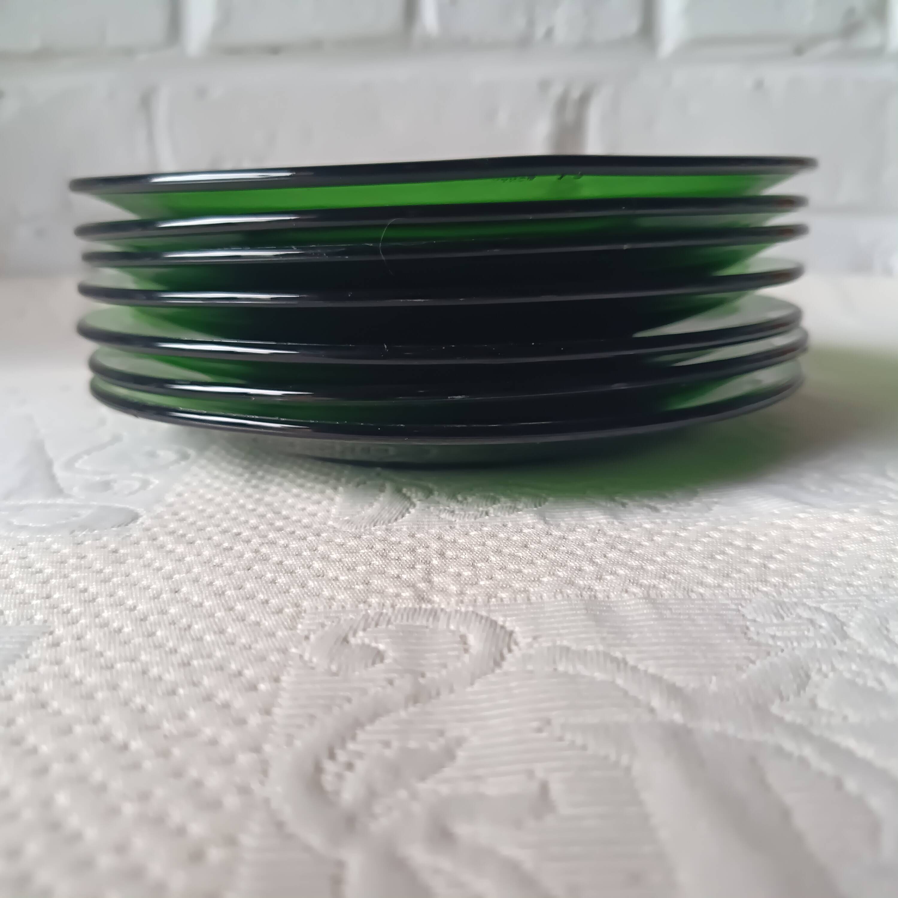 7 green tempered glass dessert plates vereco vintage