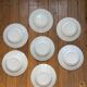 Set of 7 deep plates, turquoise rim and bird pattern.