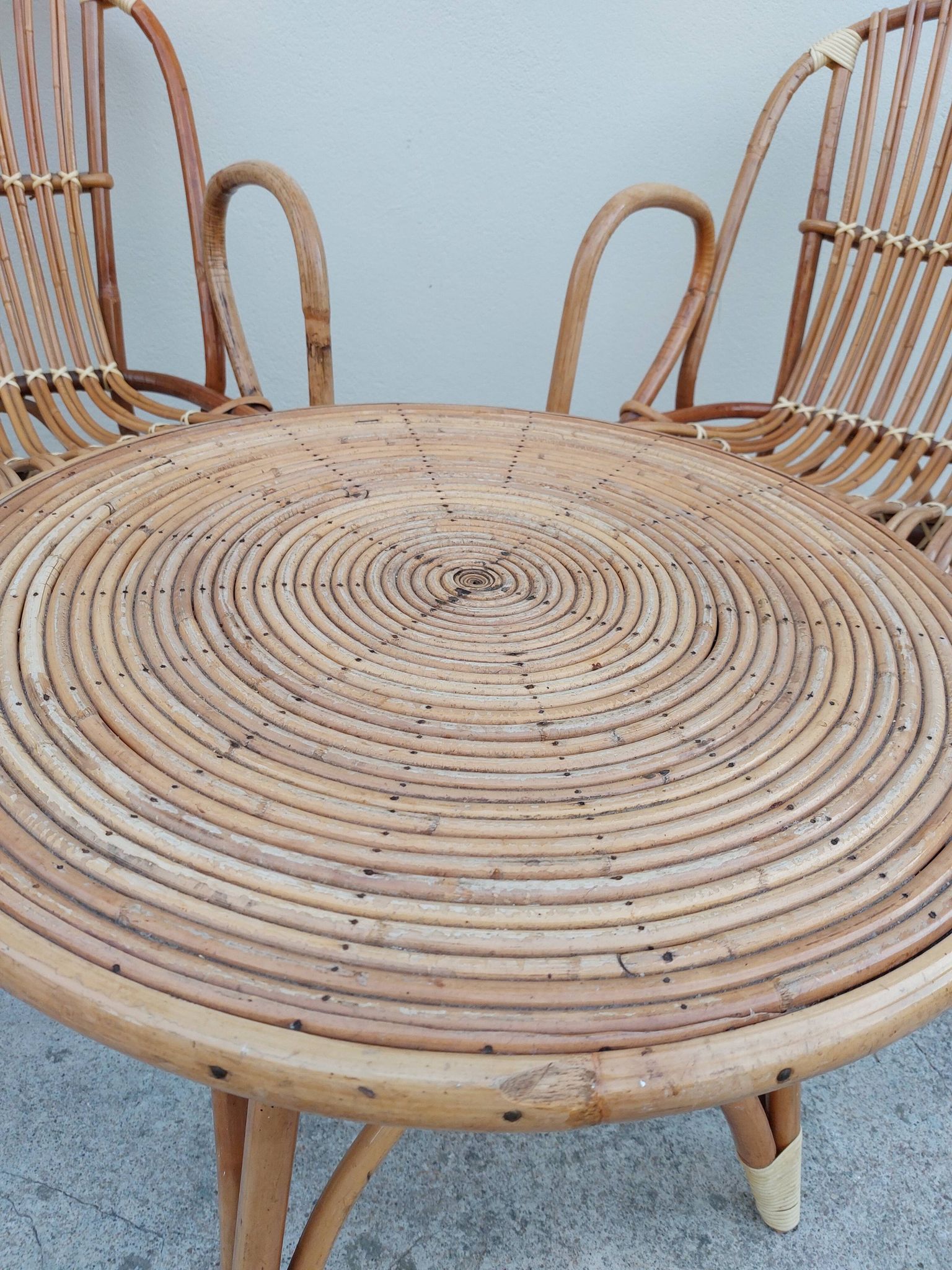 Set bench table and two armchairs in rattan 1950 vintage