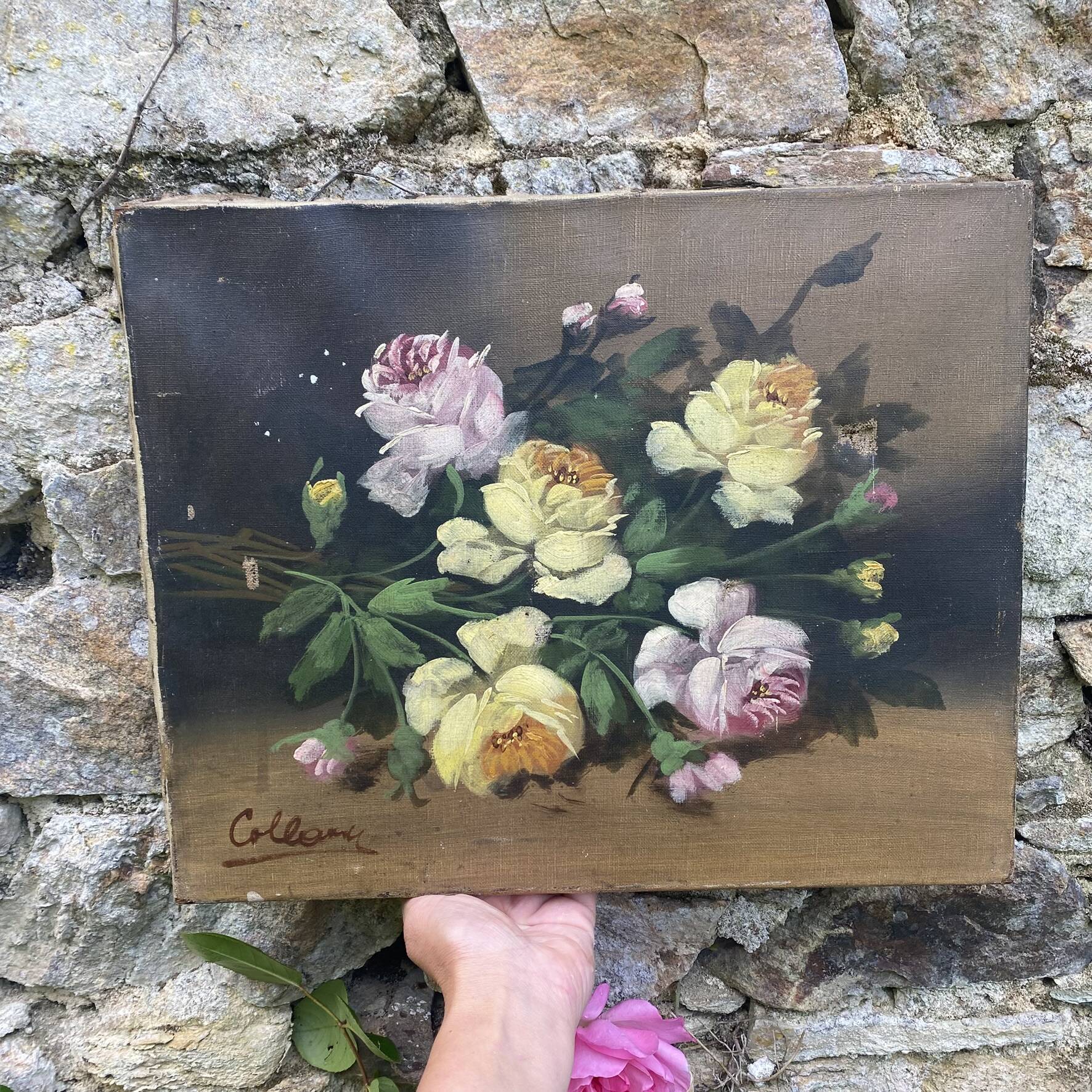 Old still life, old painting of flowers, bouquet of roses.