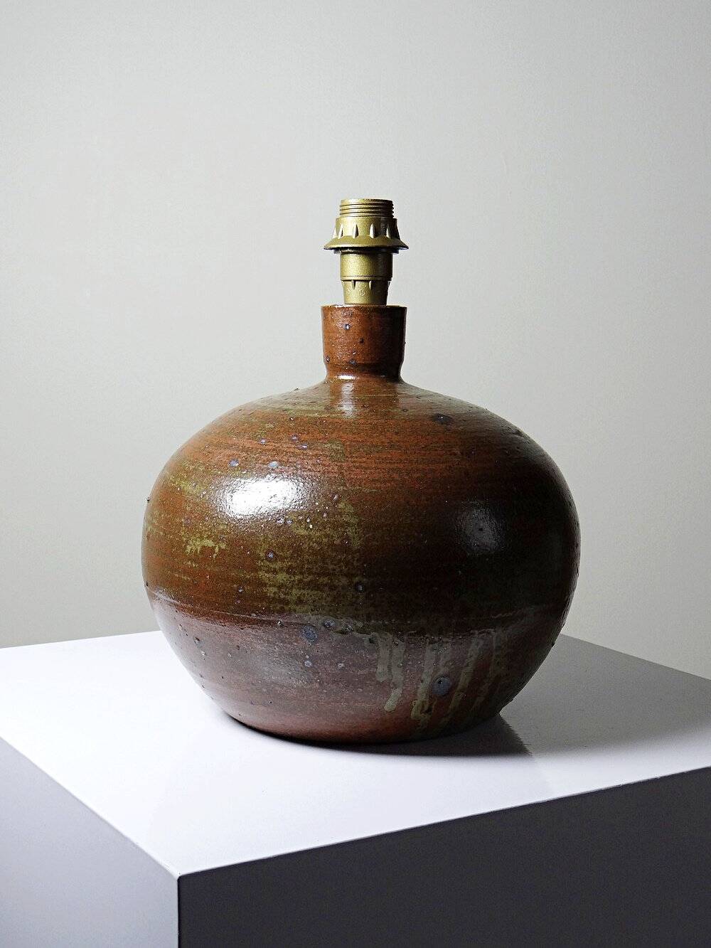 Grosse lampe boule grès pyrité émaillé vintage Baudat La Borne