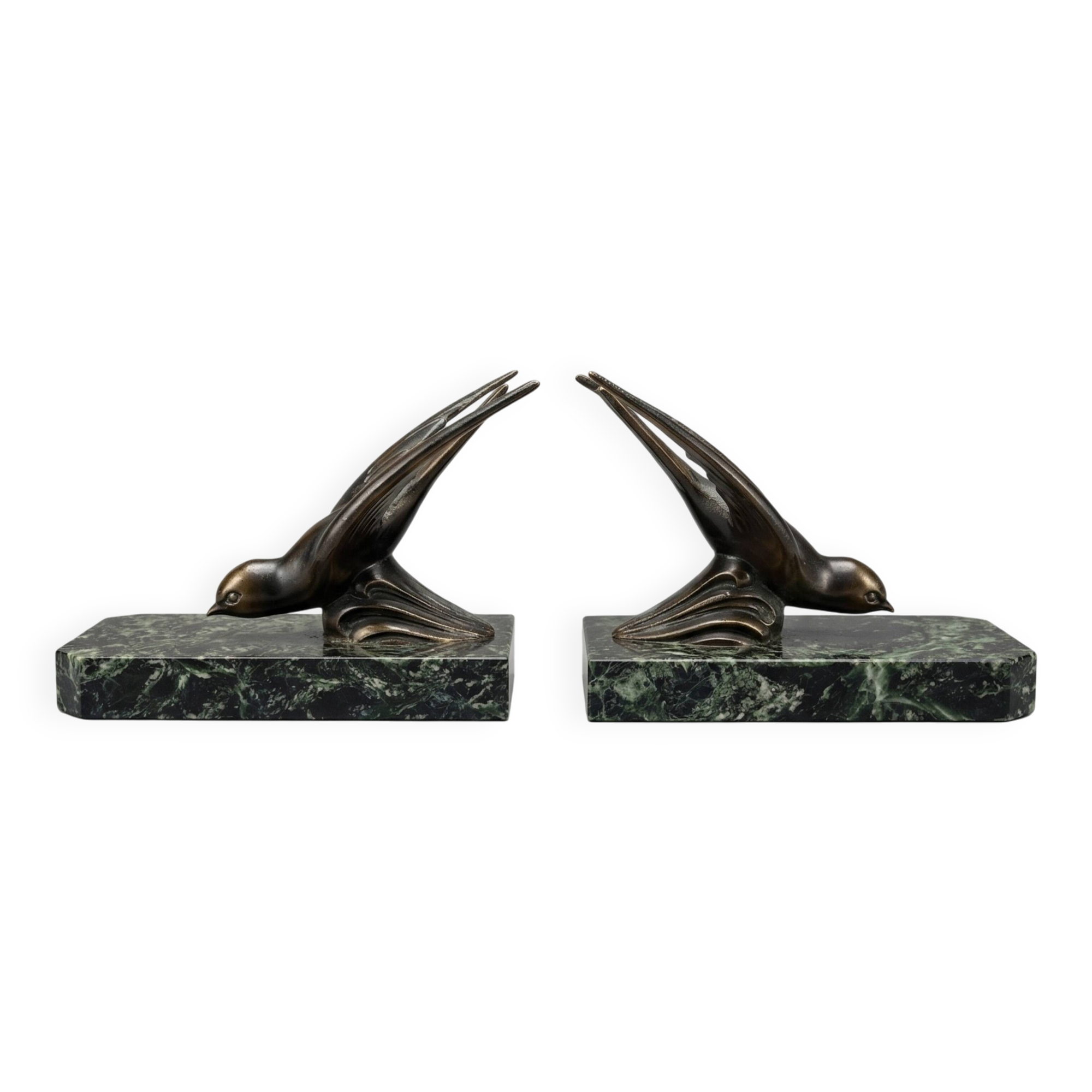 Art Deco bookends – Patinated swallow design in spelter - Green marble