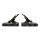Art Deco bookends – Patinated swallow design in spelter - Green marble