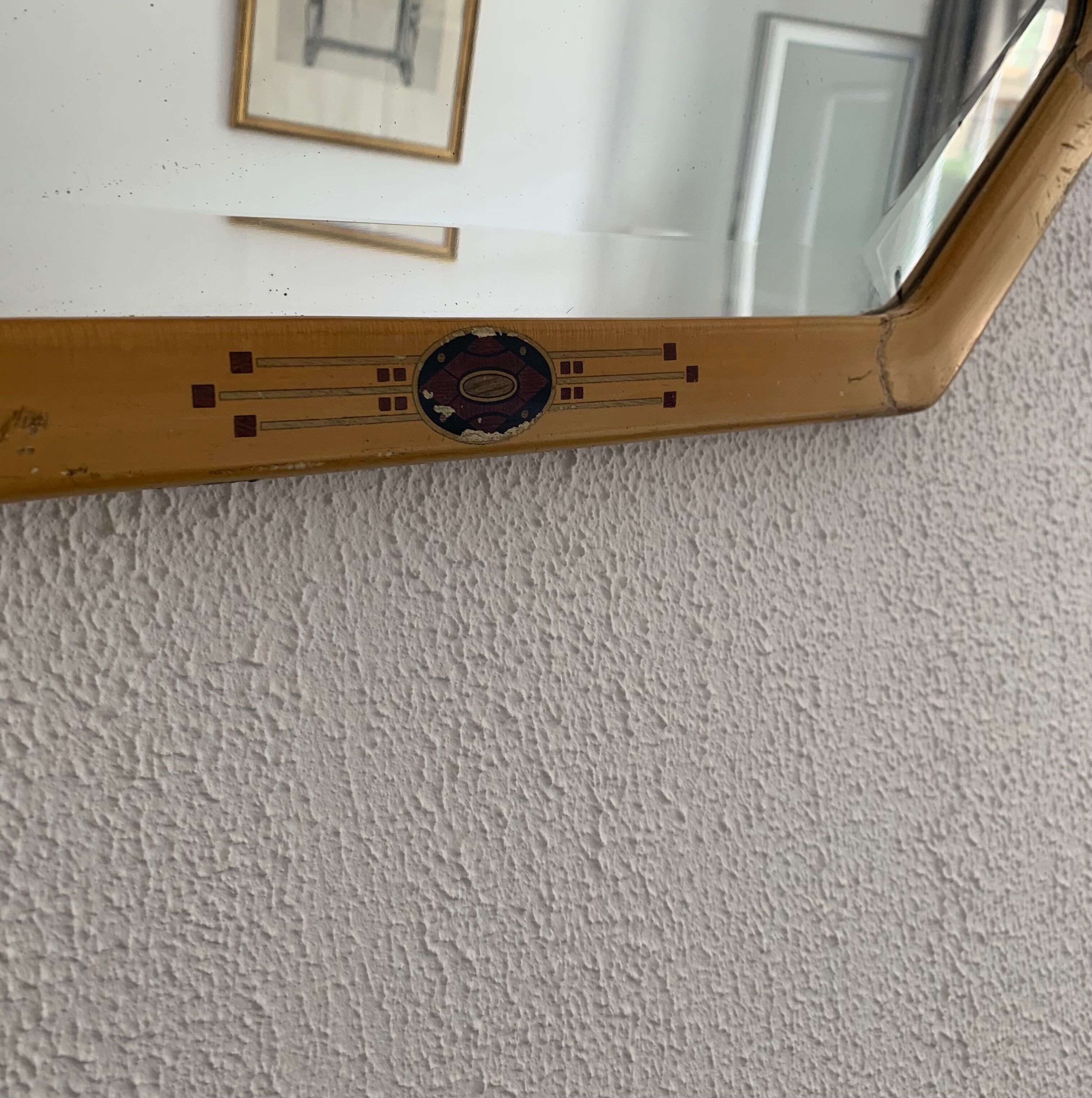 Miroir vintage 1930  biseauté octogonal bois stuc - 66 x 45 cm