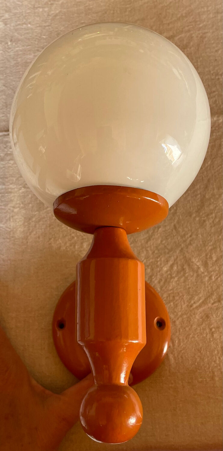 Vintage wooden globe wall light in white glass