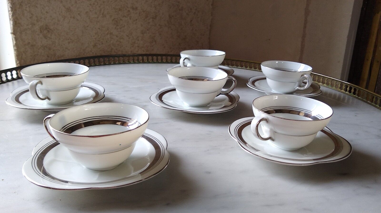 6 coffee cups in fine epiag white and steel gray moiré porcelain