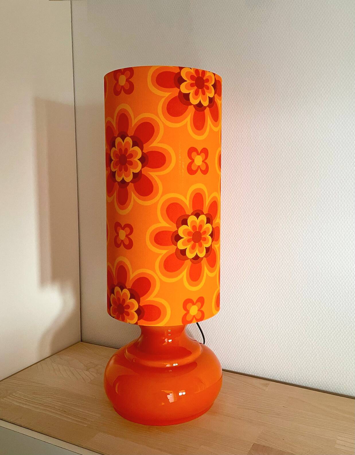 Crush orange opaline lamp H80 D27cm - 70s fabric