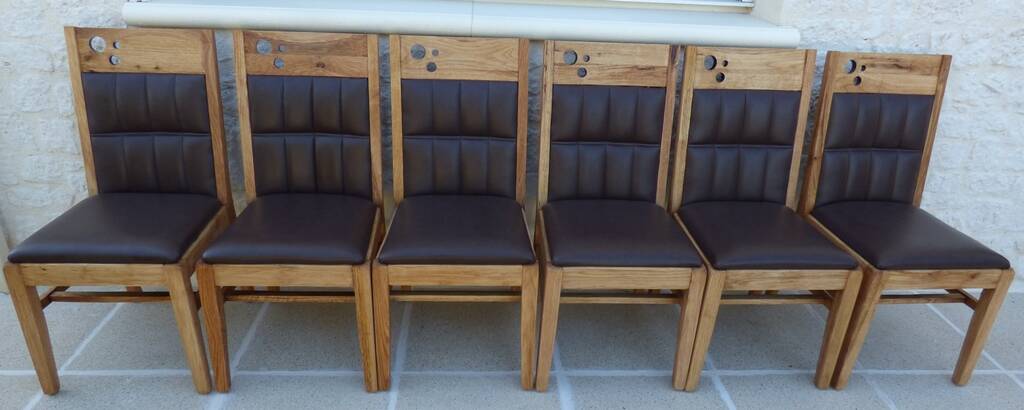 6 High-back chairs in high-quality, plush solid wood with brown faux leather