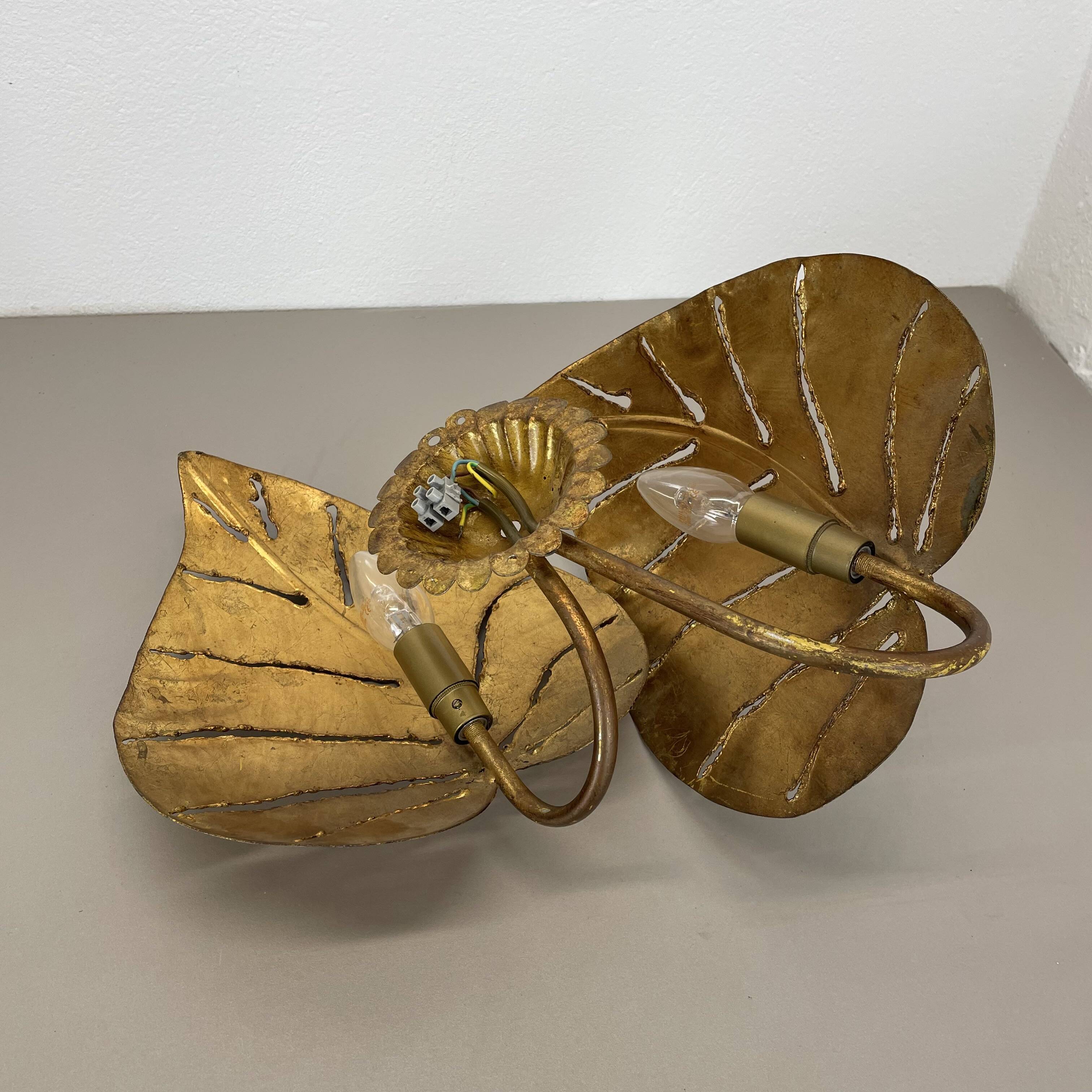 Golden metal "monstera" leaf wall light sconce, france, 1970s