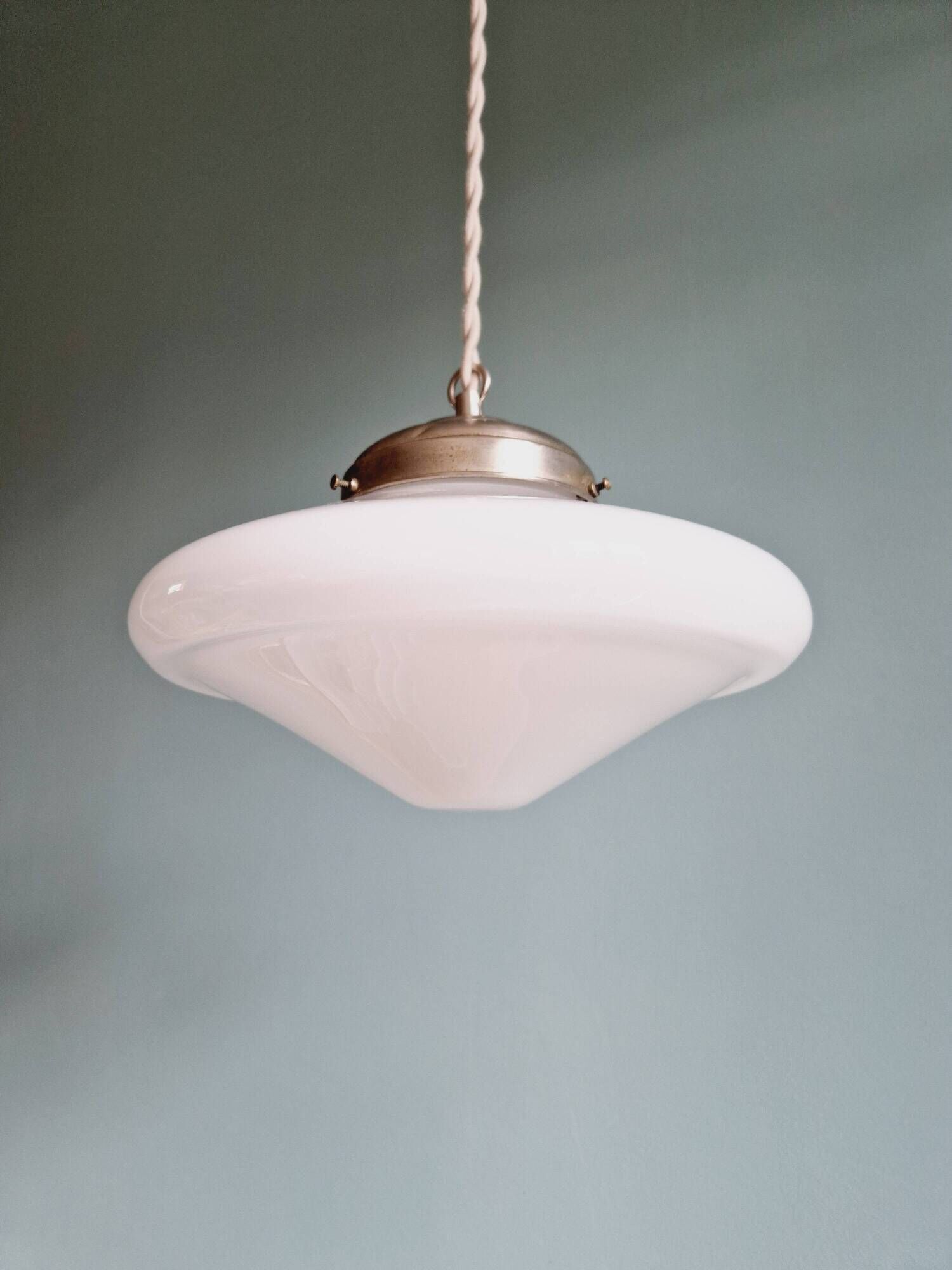 Art Deco pendant light in white opaline glass, conical, 1920s-30s