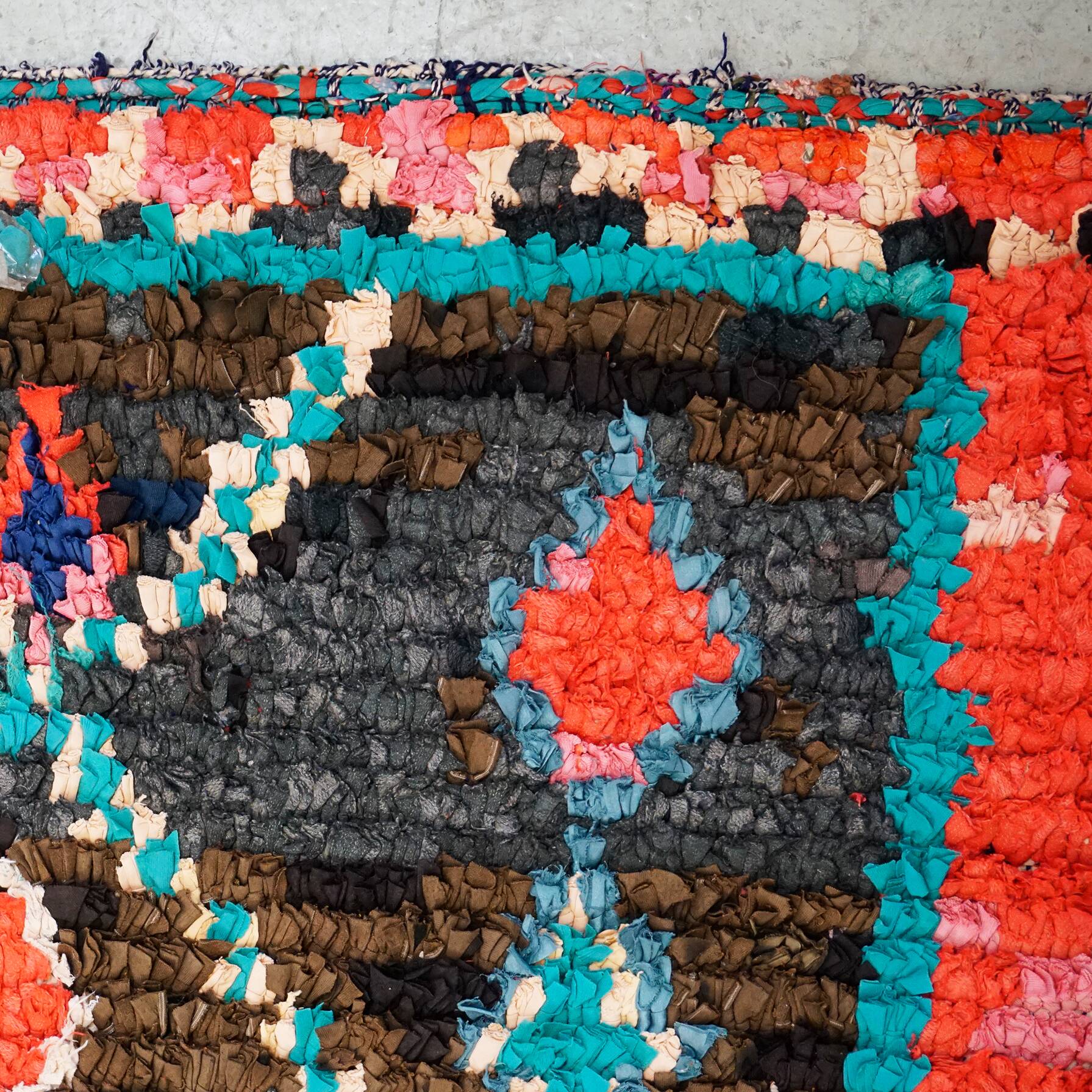 Multicoloured hand-knotted Moroccan Berber Boucherouit rug, vintage.