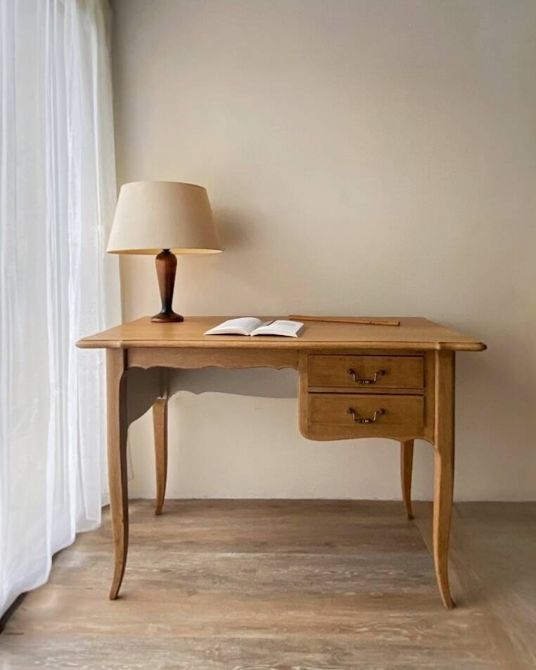 Antique 2-drawer desk in raw wood and beige, renovated.
