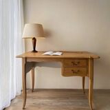Antique 2-drawer desk in raw wood and beige, renovated.