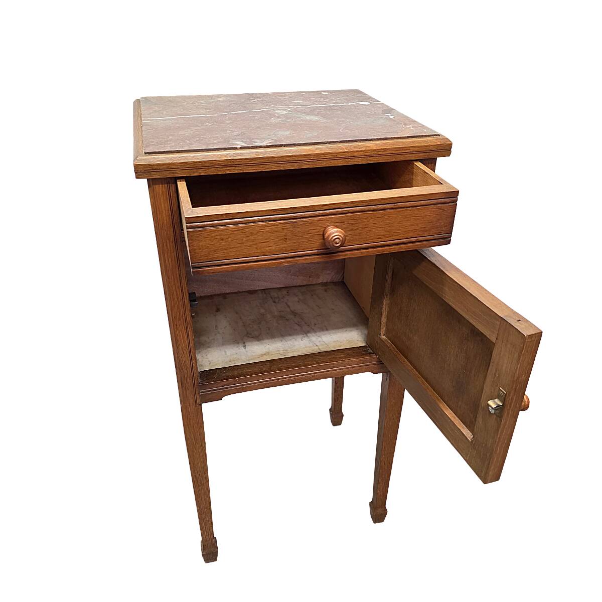 Antique French Oak Bedside Table With Marble Top, early 1900s