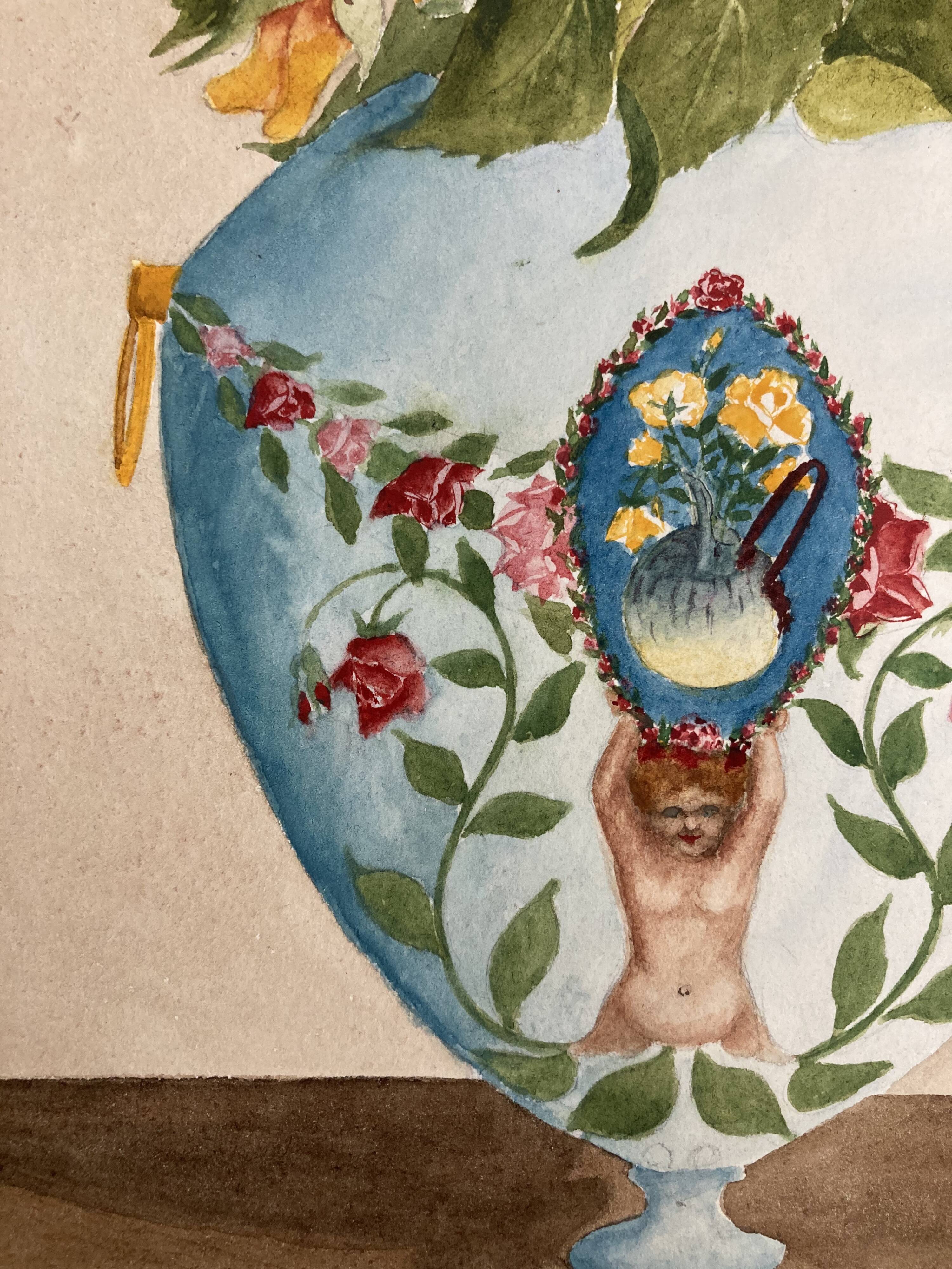 Vintage watercolor with roses in earthenware vase with angel