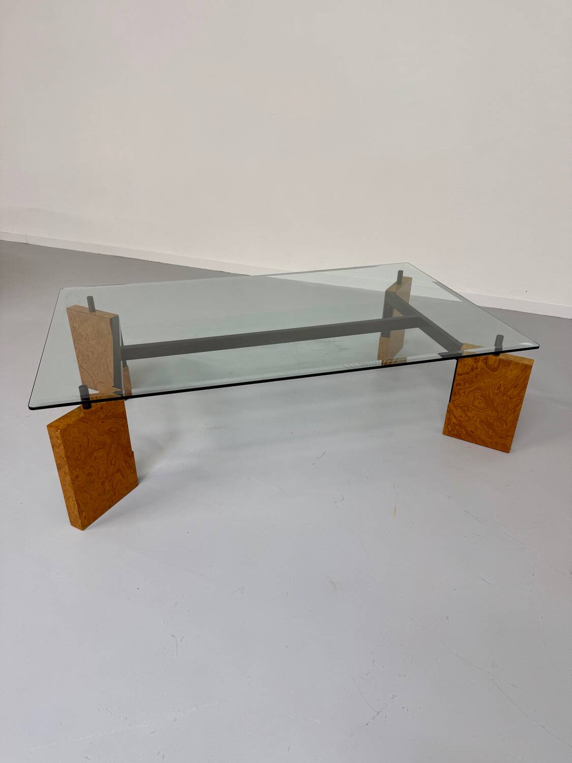 Old coffee table in glass and magnifying glass, French design Paul Michel, year 70