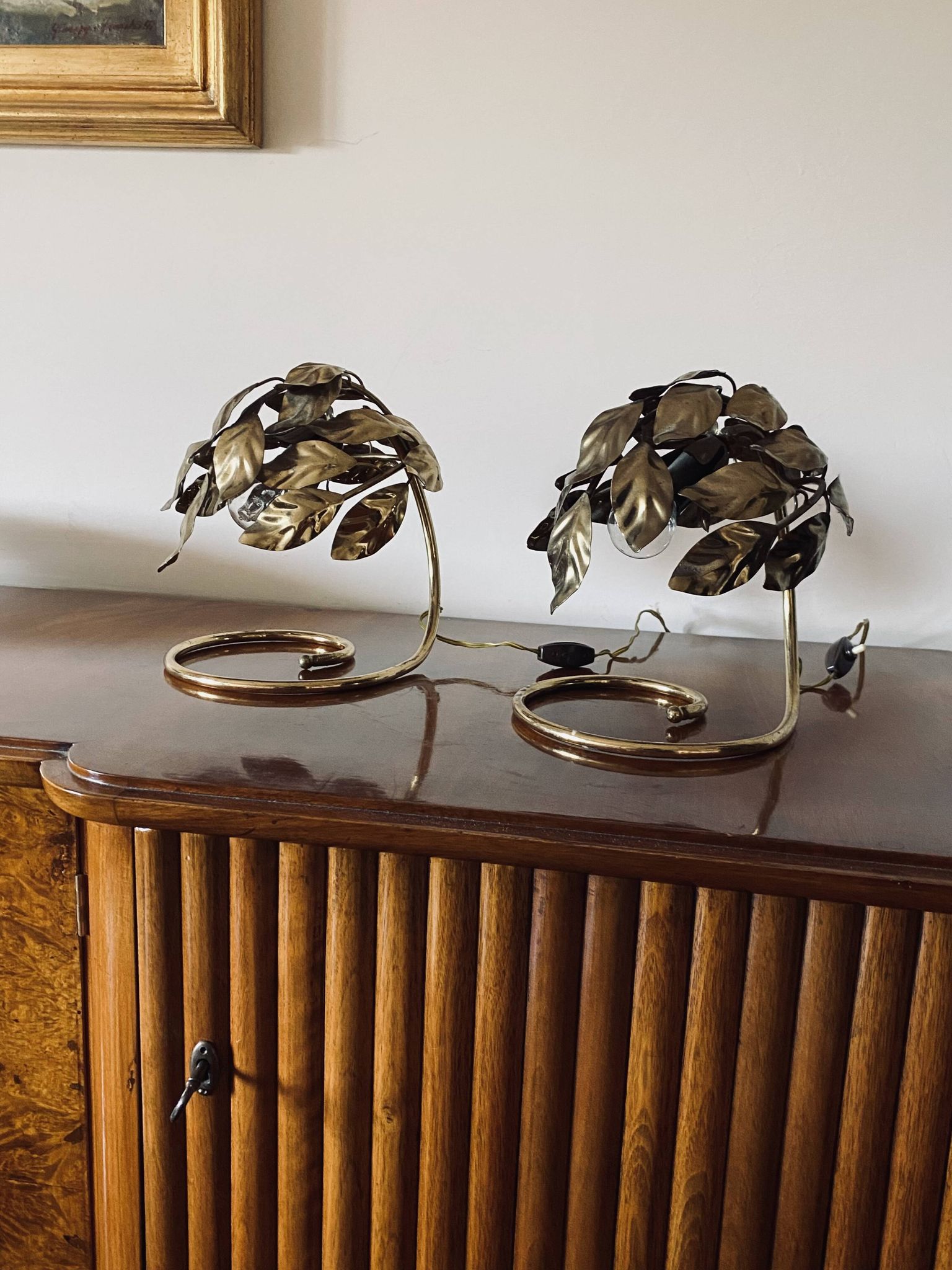 Hollywood regency set of 2 brass leaves table lamps, Bottega Gadda Italy, 1970s